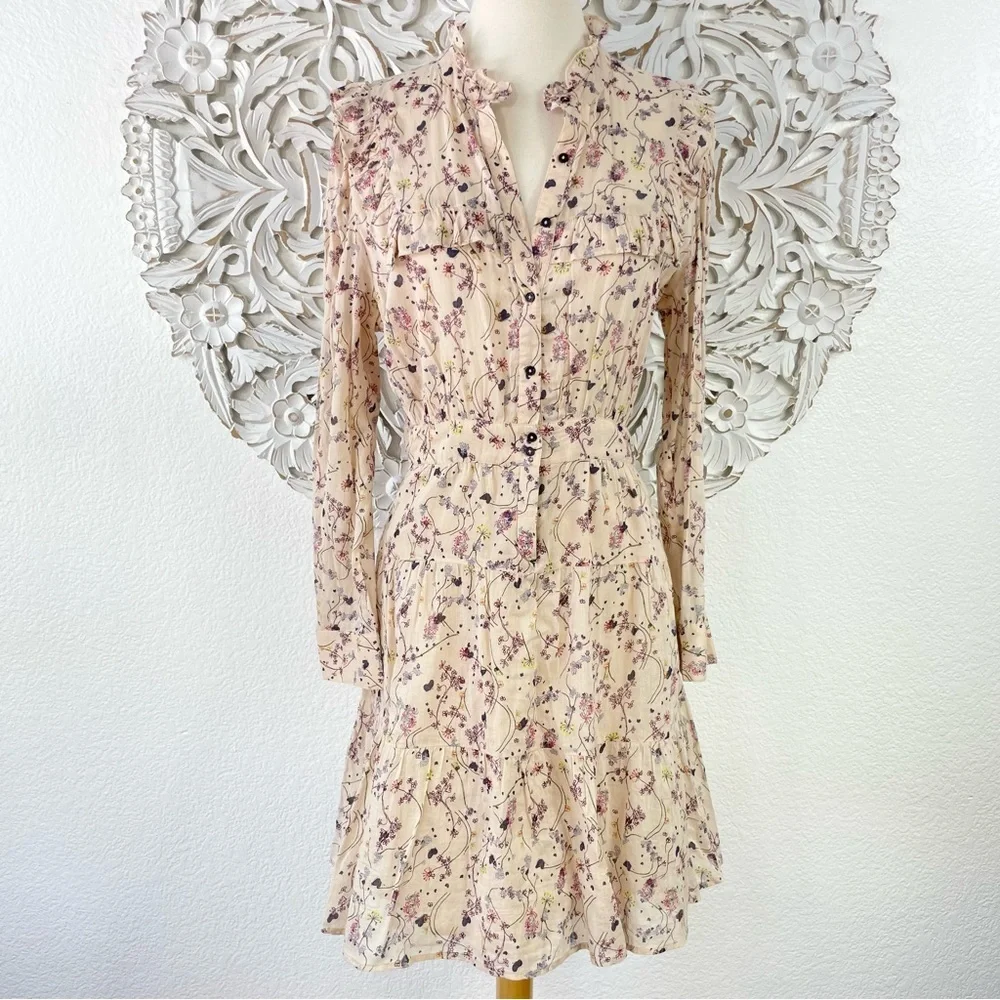 {BA&SH} Belle Pleated Ruffle Floral Cotton-Gauze Dress, Size L, NWT